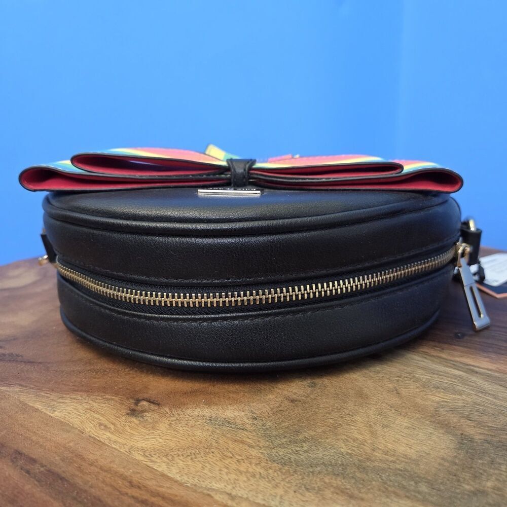 DIOPHY Round Crossbody Bag Black w/ Rainbow Stripe Bow Vegan Leather 9" - Picture 5 of 11